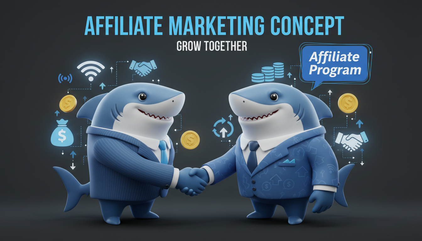 Due squali cartone animato in abiti da business che si stringono la mano per partnership