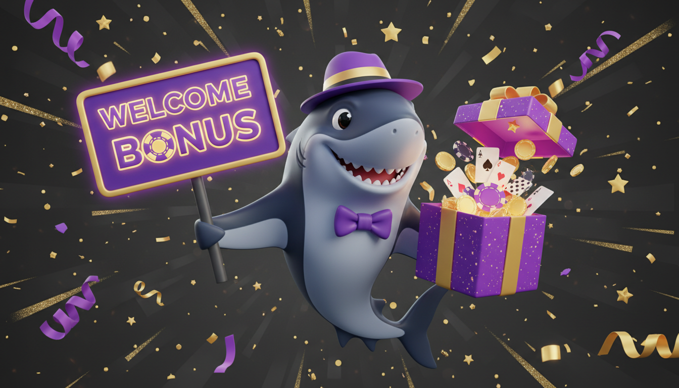 Squalo cartone animato con cartello Welcome Bonus e confezione regalo