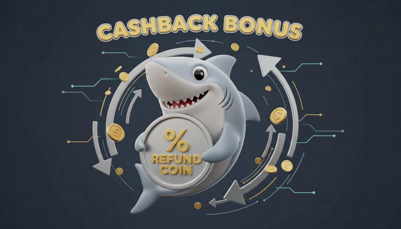Squalo cartone animato con moneta cashback e frecce circolari