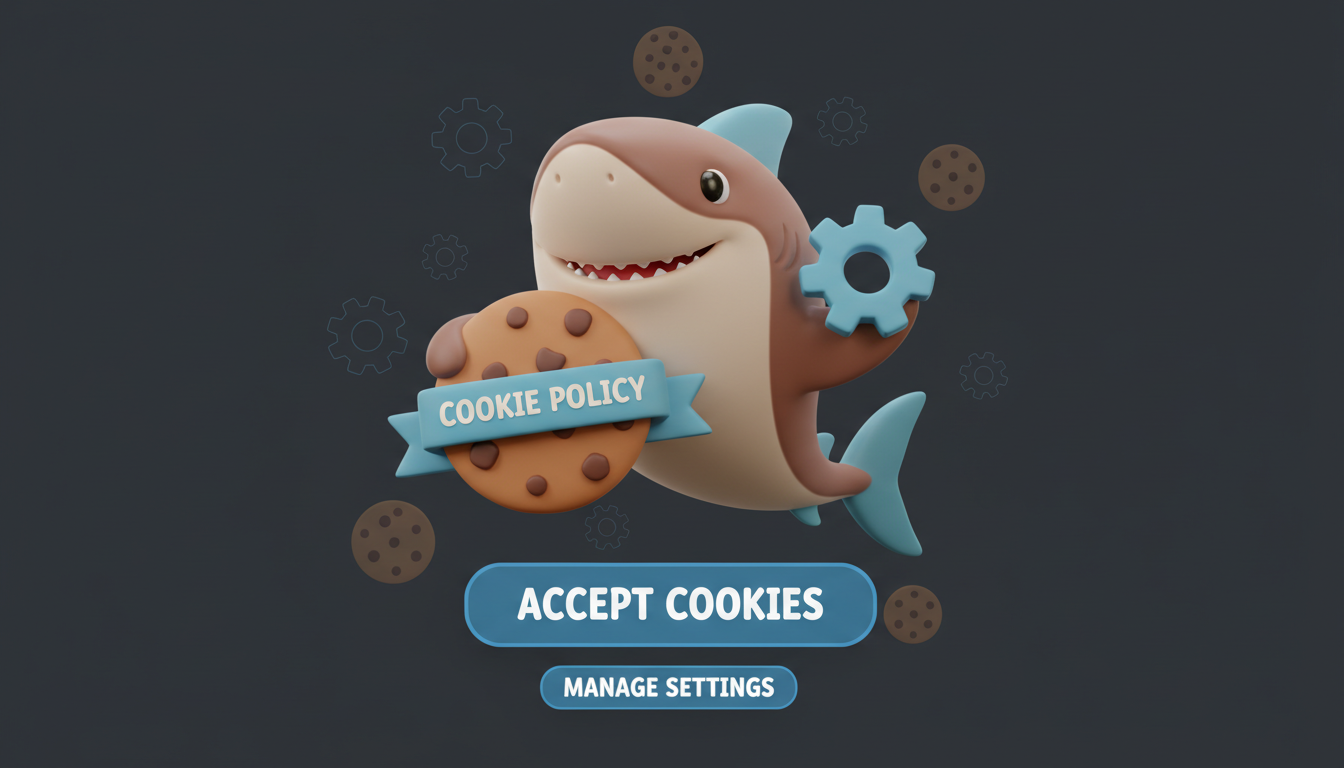 Squalo cartone animato con cookie e ingranaggio per gestione preferenze