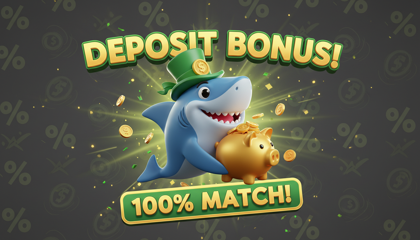 Squalo cartone animato con salvadanaio e monete dorate per bonus deposito