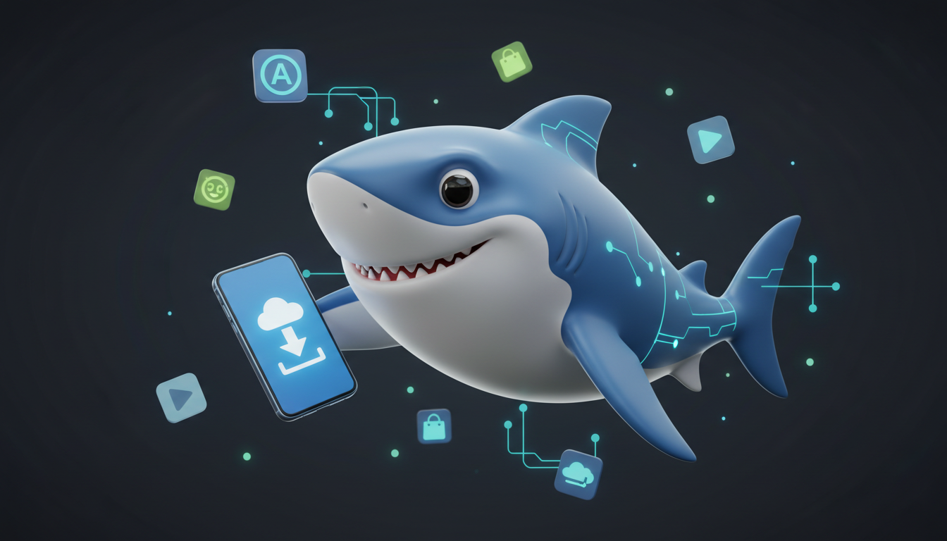 Squalo cartone animato tecnologico con smartphone e icone di download