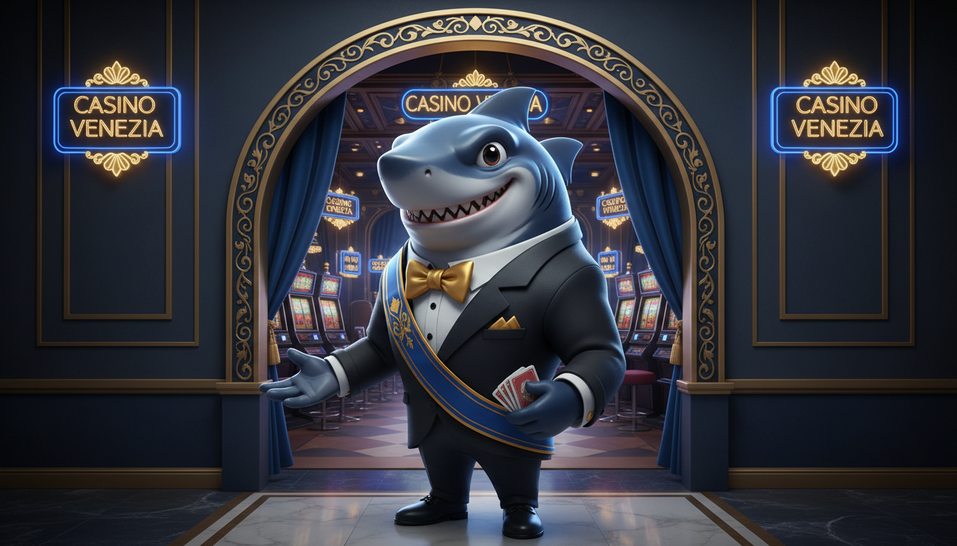 WinShark Casino mascotte squalo in smoking che dà il benvenuto