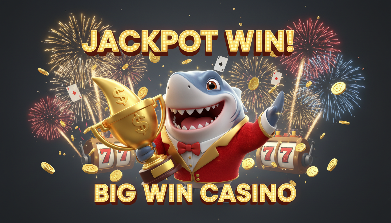 Squalo cartone animato che celebra una vincita jackpot con trofeo dorato