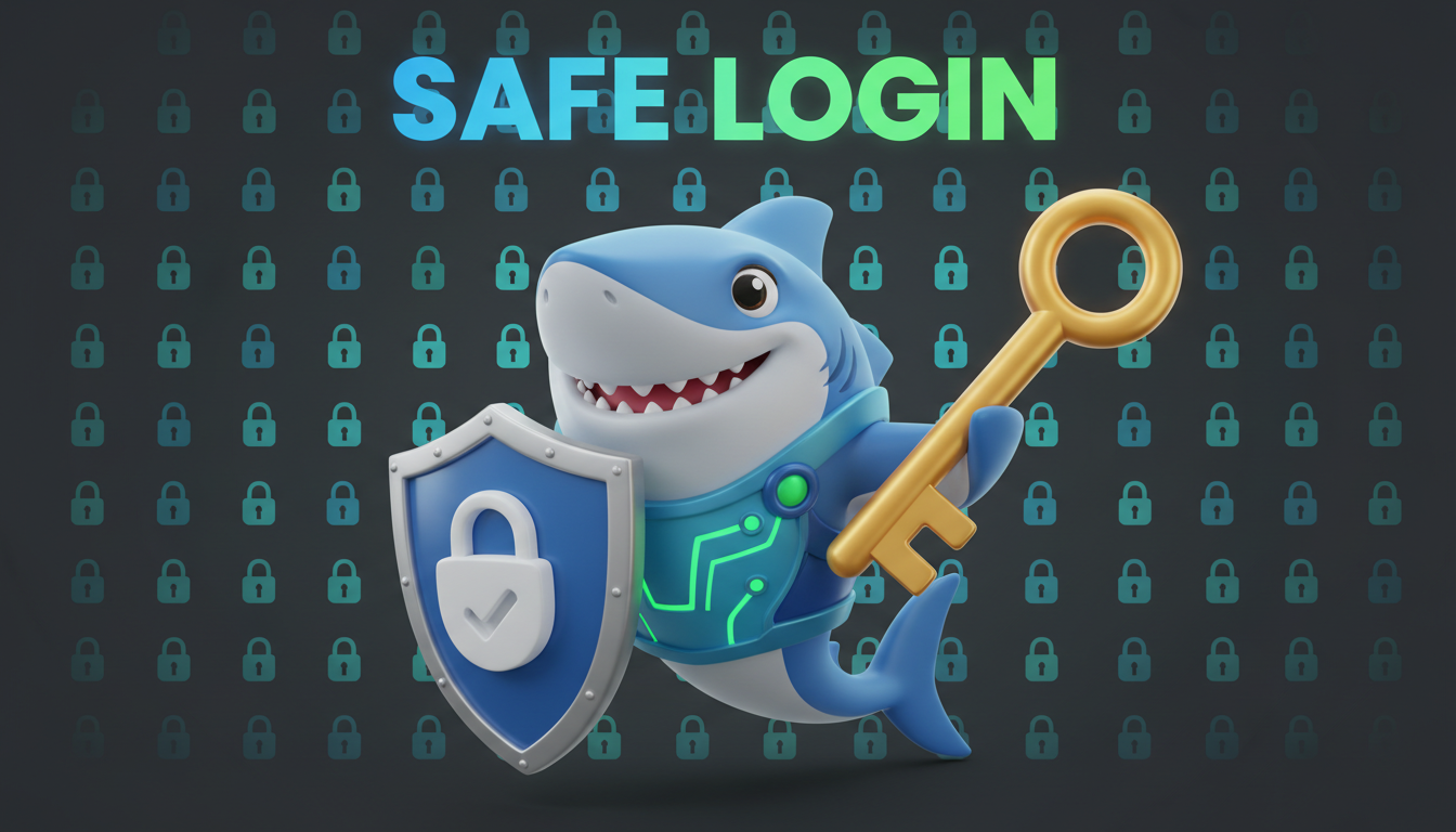 Squalo cartone animato con scudo e chiave dorata per login sicuro