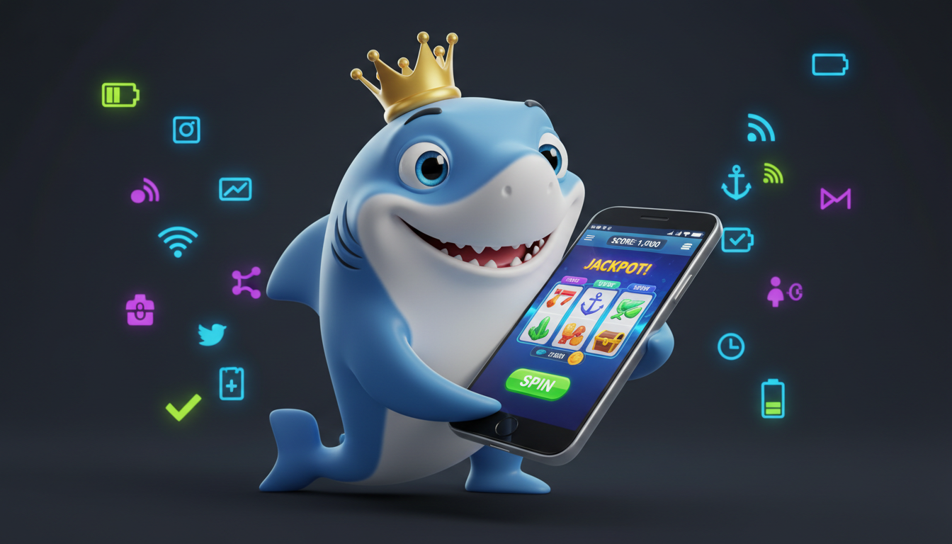 Squalo cartone animato con corona che usa smartphone per giocare
