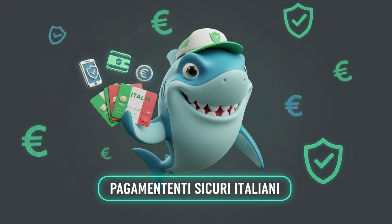Squalo cartone animato con carte di credito e simboli di pagamento sicuro