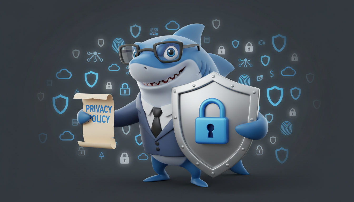 Squalo cartone animato con scudo e documento privacy policy