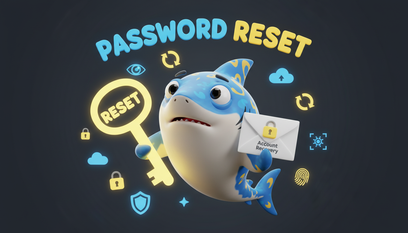 Squalo cartone animato con chiave di reset e busta email per recupero account