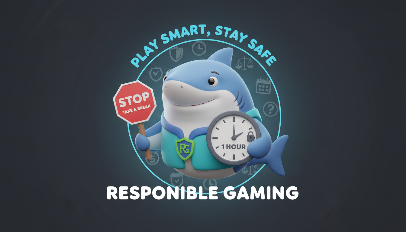 Squalo cartone animato con cartello stop e orologio per gioco responsabile