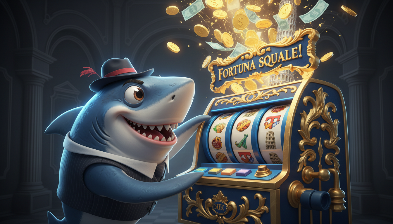 Squalo cartone animato che gioca alle slot machine con monete dorate