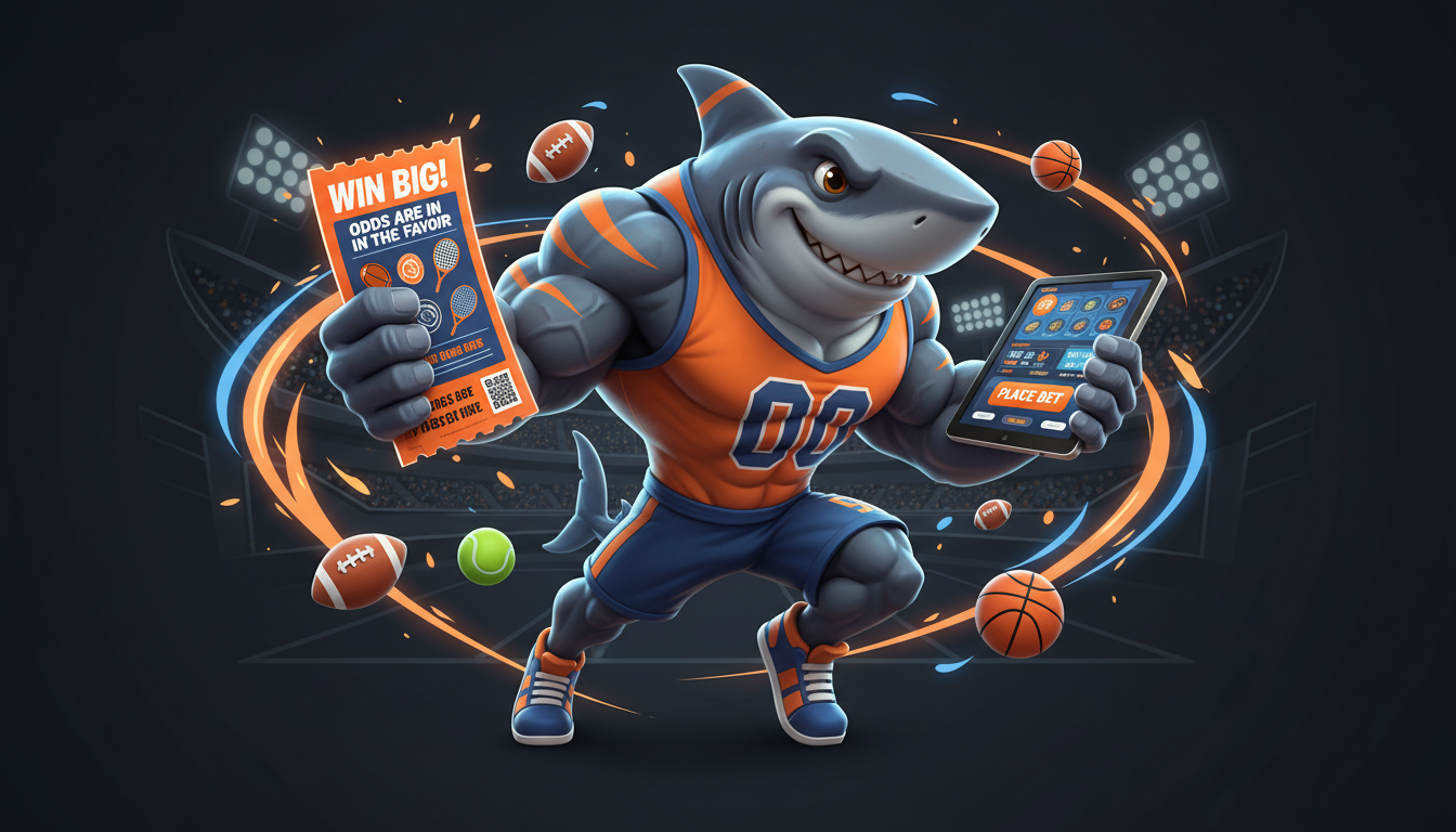 Squalo cartone animato atletico con biglietto scommesse e tablet
