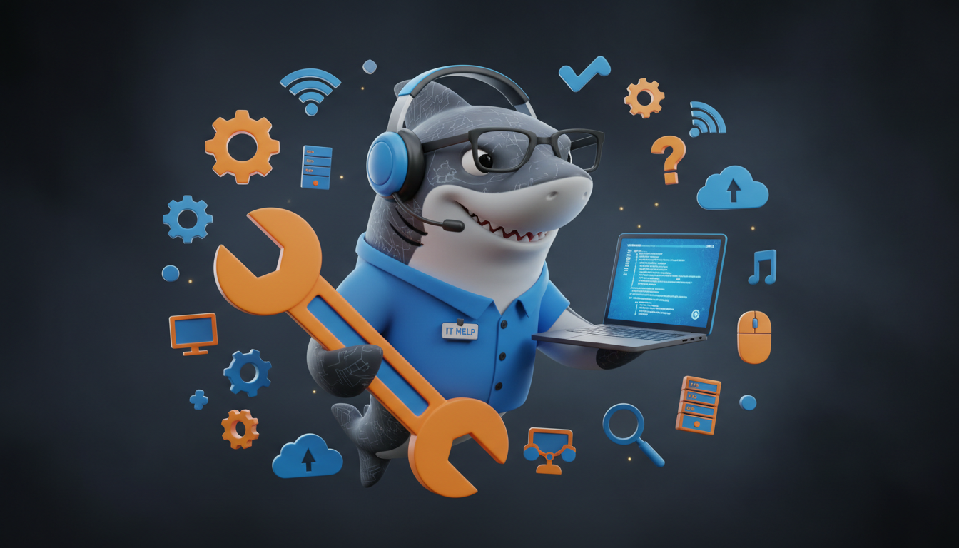 Squalo cartone animato tecnico con cuffie, chiave inglese e laptop