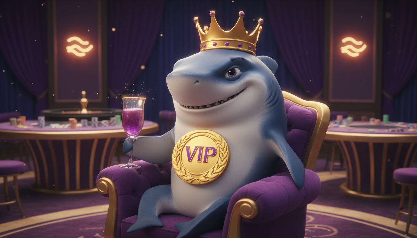 Squalo cartone animato VIP con corona d'oro e badge VIP in lounge esclusiva